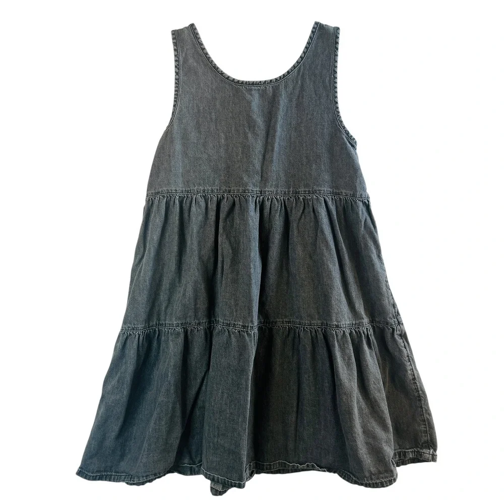 Gap Kids Denim Dress‎ Tiered Sleeveless Tank Casual Button Front Gray Black Sz L